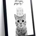 JZMGGQQ Funny Cat Bathroom Wall Art, Black and White Cute Kitten Wall Decor with Humorous Are You Pooping Canvas Print, Animal Art for Restroom, Bathroom Poster Black Wooden Frame 16x12 In