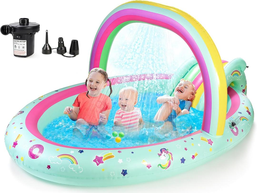 SULIFEEL Rainbow Unicorn Inflatable Play Center Kiddie Pool with Slide and Sprinkler for Children, 96''x59''x39''in Baby Pool for Backyard and Garden, Free Inflatable Pump, Rainbow 