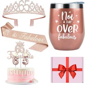 65th Birthday Decorations for Women Including Birthday Tiara and Sash, Candles & Cake Topper, 12oz Wine Tumbler with Lid, 65 Year Old Gifts for Women