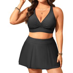 Women's Plus Size High Waisted Bikini - Two Piece Swimsuit with Skirt 2025 Tummy Control Bathing Suit with Pocket (Black), 18W
