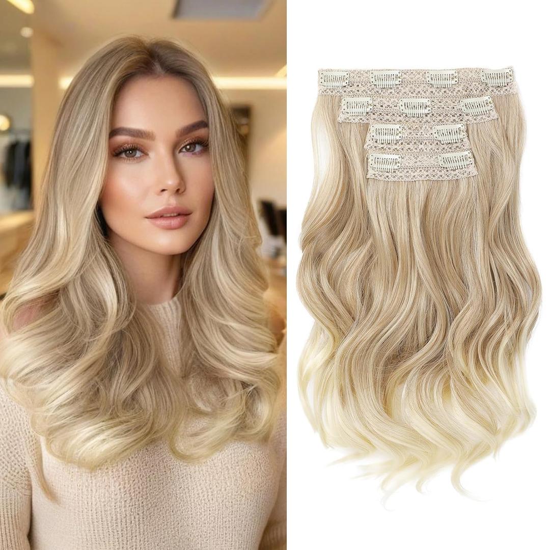 HOOJIH Clip in Hair Extensions 4PCS 14" Short Curly Clip on Hair Extensions Invisible Lace Weft Natural Soft Hairpieces for Women - Ombre Deep Blonde and Light Blonde