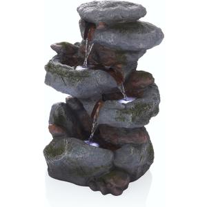 Alpine Corporation WIN582 22" Outdoor 3-Tier Rock Waterfall Fountain with LED Lights for Garden, Patio, Yard, and Porch Decor, Natural Stone Look, Gray