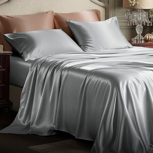 Bedsure Satin Sheets Twin Size - 3 Piece Silky Bedsheets with 15 Inches Deep Pocket Fitted Bedsheet,1 Flat Sheet, 1 Satin Pillowcase, Good for Hair & Skin (Twin, Silver Grey)