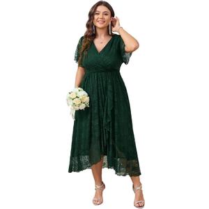 SCOMCHIC Womens Plus Size Wedding Guest Dress Formal Lace Wrap V Neck High Low Short Sleeve Cocktail Maxi Dresses XL-4XL (Large, Emerald Green)
