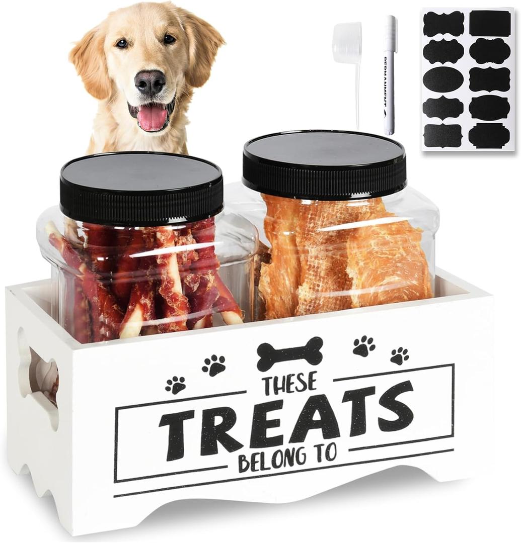 Dog Treat Container, Wooden Cat Food Container Storage with 2 Jars, Food Storage Organizer for Dog and Cat, White Wooden Pet Treat Container, Great Gift for Pet Lover