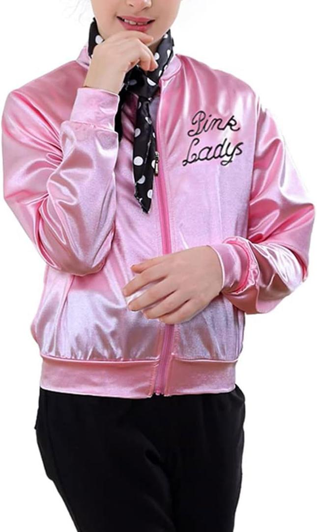 Child Girls Pink Satin Ladys Jacket 50S Pink Satin Jacket Halloween Costumes Little Girls' Coat Size 6-14