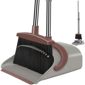 Ivandar Broom with Dustpan Combo Set, 50.6 inch Long Handle, Upright Standing Broom and Dustpan Set Quiet Cleaning Tool Sweep the Floor Dust pan Removes 4 Times More Pet Hair(Brown and Gray)