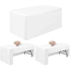 Pesonlook 6 Pack White Tablecloths 14 Ft X 60 Tablecloth, 72 x 30 Inch Washable Fabric Rectangular Folding Table Cover for 6 Ft Tables,Trade Show Table Cover for Parties/Wedding/Events