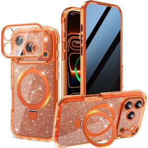 Magnetic Privacy Case for iPhone 17 Pro Max [DIY Glitter Cardstock] [Invisible Magnetic Kickstand] Built-in Anti Peep Screen Protector, Camera Protection Full Body Glitter Case for Women - Orange
