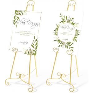 Feifeiya 2 Pack Gold Floor Easel Stand 46" H, Heavy Duty Metal Round Tube Scroll Display Easel for Lightweight Wedding Sign Poster, Art Photo Display Stand for Mirror, Adjustable with Chain Support