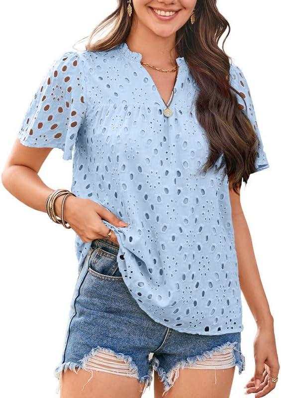 Womens Summer Tops V-Neck Short Sleeve Shirts Dressy Casual Babydoll Blouses Embroidered Eyelet Flowy Boho Clothing (XL)