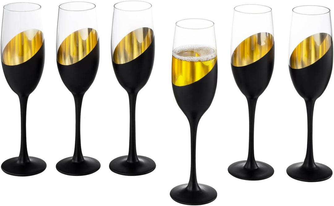 MyGift Modern Stemmed Champagne Flute Glasses Set of 6 with Matte Black and Gold Plated Design, Toasting Glass Party and Wedding Glass, 8 oz