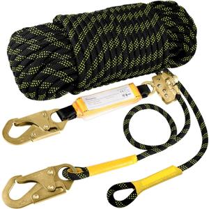 TRSMIMA Rope Harness Safety Lanyard50ft Vertical Roofing Rope With Grab Snap Hooks Shock Absorber - Fall Protection Tree Climbing Line Kit Heavy Duty Roof Safety Equipment ANSI CE