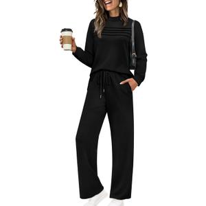WIHOLL 2 Piece Sets for Women Workout Sets Spring Cruise Outfits 2026 Lounge Sets Fall Fashion 2025 Travel Vacation Airport Outfits Going Out Matching Sets Women's Clothing Winter Track Suits Black M