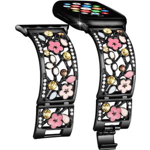 Duoan Floral Bracelet Compatible with Apple Watch Band 38mm 40mm 41mm 42mm iWatch Bands Series 11 10 9 8 7 6,Bling Crystal Hollow Metal Strap,Cute Women Dressy Jewelry Wristband(38/40/41/42mm,Black)