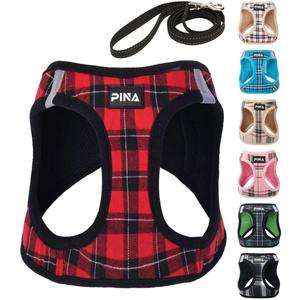 PINA Dog Harness for Small Dogs No Pull, Small Dog Harness and Leash Set, No Choke Breathable Mesh Dog Vest Harness, Lightweight Adjustable Small Medium Dog Harness - Easy to Put On and Take Off (S (Neck:10-13" , Chest:14-17"), Red Plaid)