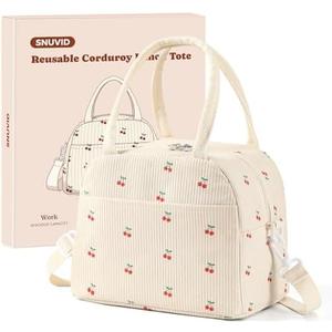 Snuvid Lunch Box for Women Adults, Reusable Cute Corduroy Lunch Tote Box with Large Capacity, Insulated Lunch Bag with Adjustable Shoulder Strap, Perfect for Work, Picnic, Office or Travel