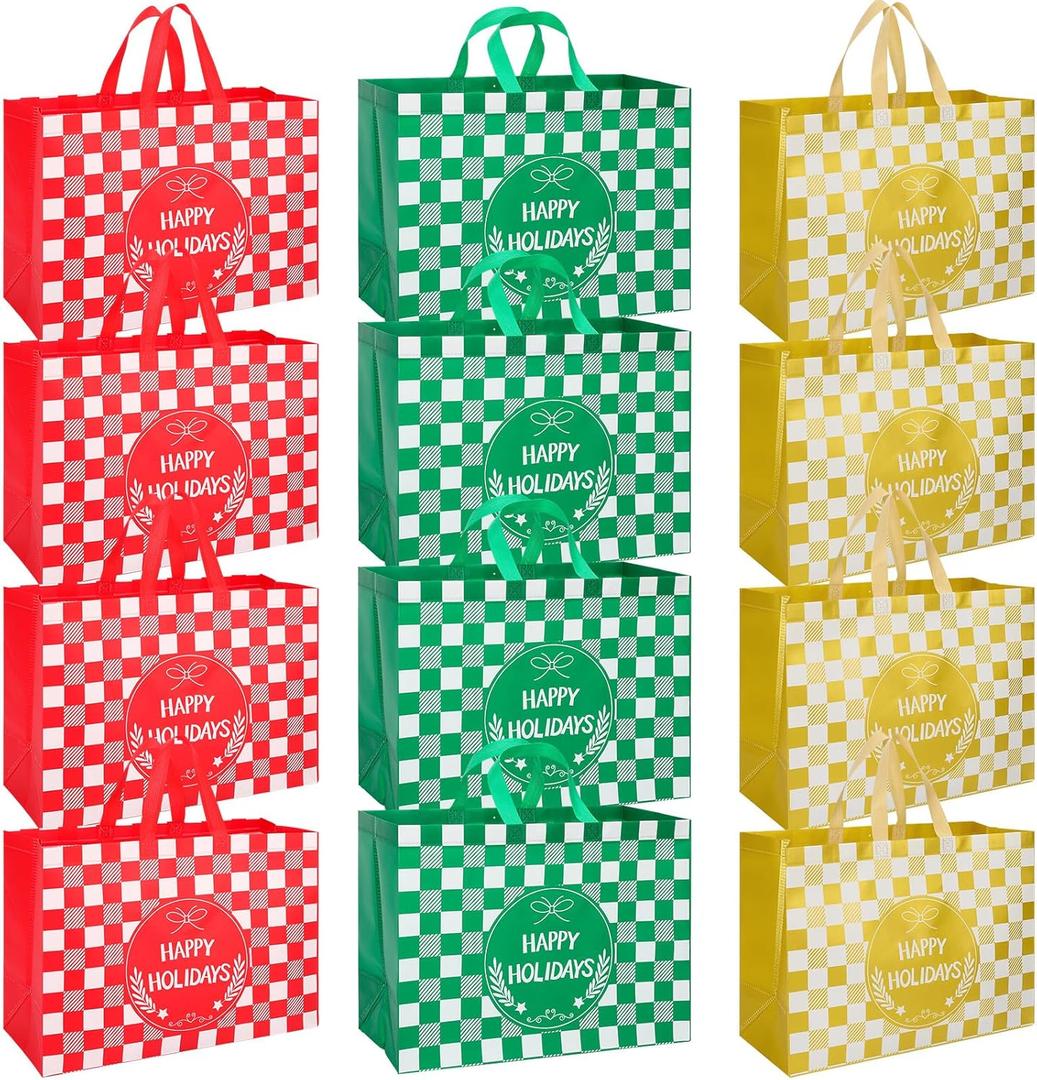 YALTOON 12 Pack Extra Large Christmas Gift Bags, Heavy Duty Reusable Tote Bags with Handles, Non-Woven Large Christmas Bags for Gifts, Holiday Shopping, Xmas Party Favors, 12pcs XL 16.9"x12.6"x7.1"
