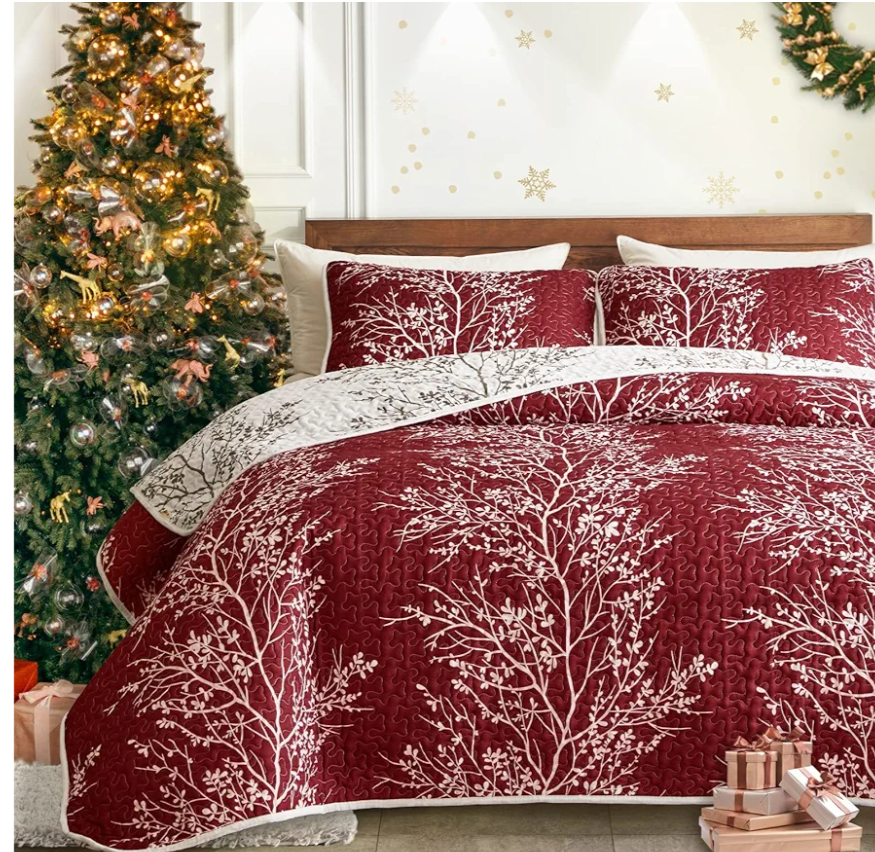 UOZZI BEDDING 3 Pieces Quilt Set Burgundy Red Branch King Size 102x88 Soft Microfiber Lightweight Coverlet Christmas Bedspread Summer Comforter Set Bed Cover for All Season (1 Quilt+ 2 Shams)