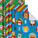 Christmas Foil Wrapping Paper with Cut Lines on Reverse 3 Rolls Pack - Dancing Santa Claus, Colorful Stripes and Assorted Christmas Characters - Holiday Wrapping Paper Bundle, 24 Inch X 144