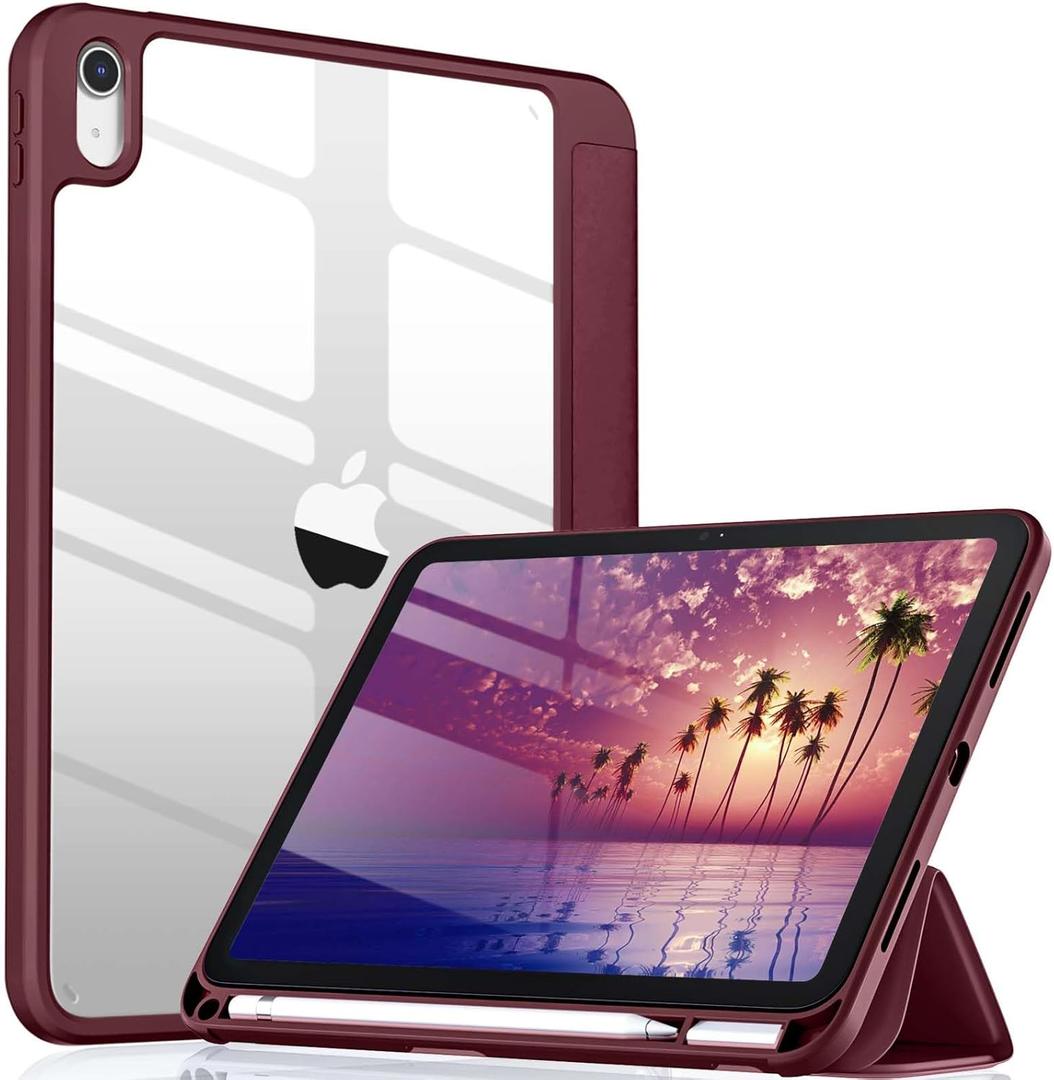 Wenlaty Compatible with iPad (A16) 11th Generation Case 11 Inch 2025, for iPad 10th Generation Case 10.9 Inch 2022 with Pencil Holder, Trifold Stand Protective Clear Back, Auto Wake/Sleep, Wine Red