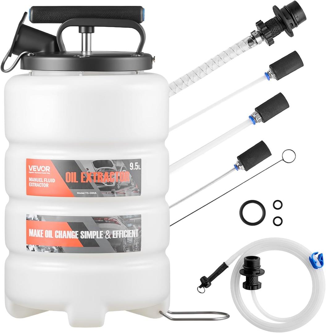 VEVOR Fluid Extractor, 9.5 L Capacity, Manual Vacuum Oil Extractor Pump with 59 in Long Horse & Three 47 in Extension Tubes, Oil Change Pump with HDPE Tank for Cars, Lawn Mowers, Boats, Motorcycles