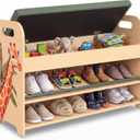 Kids & Toddler Shoe Rack with Bench Seat: Solid Pine Wood 2-Tier Shoe Organizer with Hidden Storage - Safari Giraffe Design Kids Furniture - Cushioned Seat, Rounded Safety Corners, Easy Assembly, 40 inches x 13 inches x 27 inches