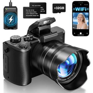 8K Digital Cameras for Photography - Autofocus 88MP WiFi Vlogging Camera for YouTube with Dual-Lens - 16X Digital Zoom Vlog Camera with Lens Hood, Flash, Touch Screen, 2 Batteries, 32GB TF Card