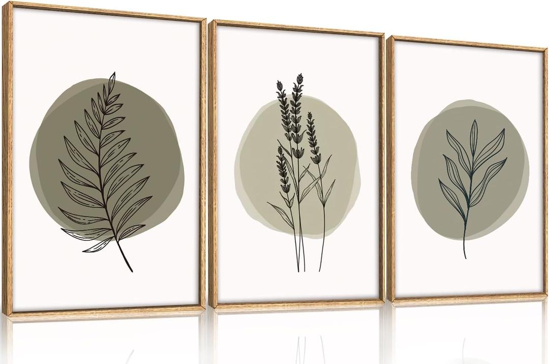 HOURIA Sage Green Leaves Framed Canvas Wall Art Set, Minimalism Boho Leaf Wall Decor, Modern Nature Botanical Wall Painting, Mid Century Plant Art Prints for Living Room, Bedroom, Farmhouse-24 x36 x3