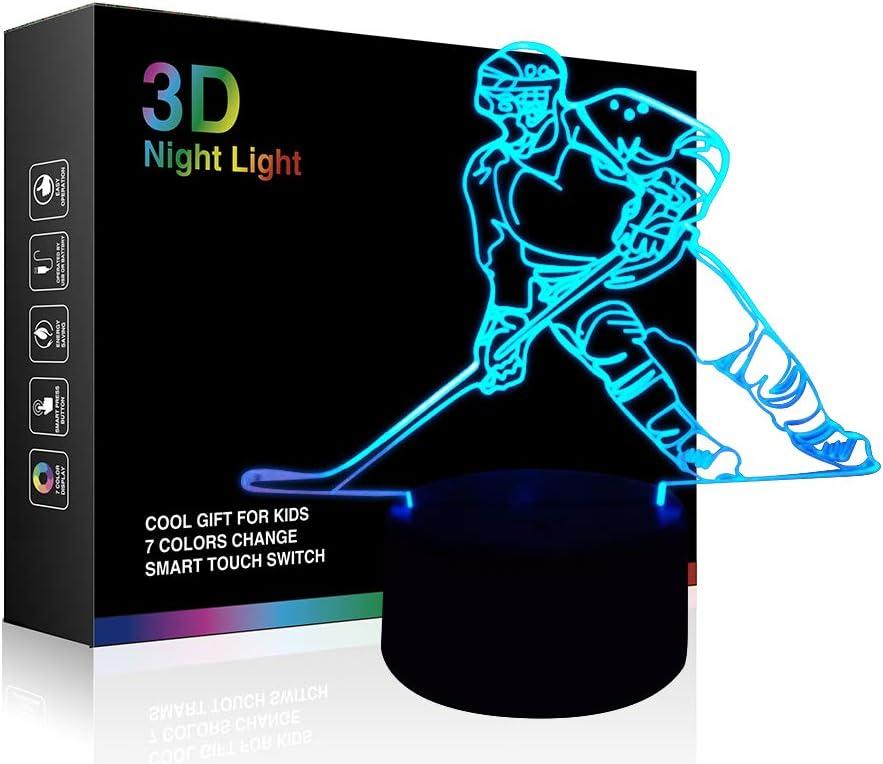 Hockey Player 3D Lamp Night Lights for Kids 7 LED Color Changing Touch Table Desk Lamps Lighting Cool Toys Gifts Birthday Xmas Decoration for Sports Hockey Fan
