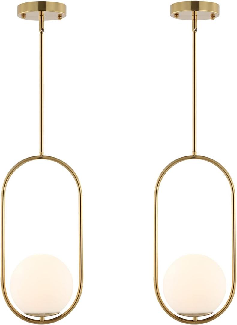 BYOLIIMA Modern Gold Globe Pendant Light Mid Century Chandelier 1-Light Brushed Brass Ceiling Hanging Lighting Fixture with White Globe Glass Lampshade for Kitchen Island Dining Room Bedroom (2 Pack)