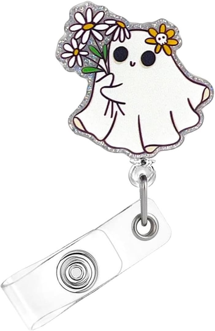 2 x Halloween Badge Reel,Cute Ghost with Floral Daisy Acrylic Badge for ID Card Badge,Fun Telescoping Retractable Badge Holder Alligator Clip Accessories for Nurse,Medical Worker,Nursing Student,Teacher