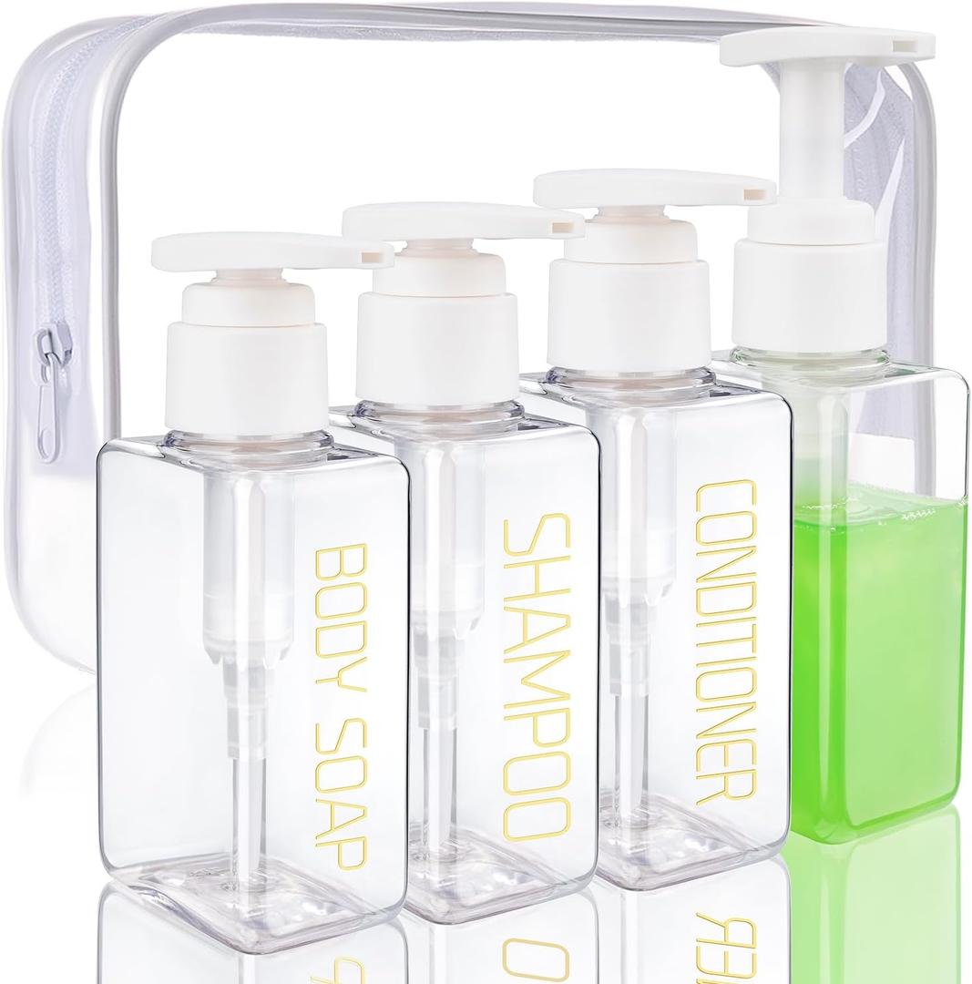 Travel Bottles 4 Pack 3.7oz/110ml Travel Shampoo And Conditioner Bottles Empty Plastic Pump Bottle Dispenser Travel Size containers travel essentials