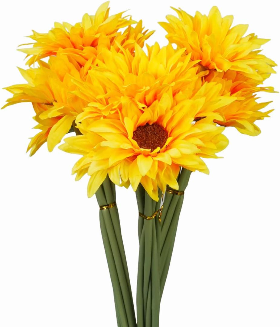 18pcs Sunflowers Artificial Flowers with Long Stems for Indoor Outdoor DIY Wedding Bouquets Baby Shower Centerpieces Floral Arrangements Party Tables Home Decor and Garden Kitchen Office Decorations (Yellow)