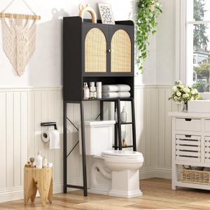 Rattan Over The Toilet Storage Cabinet with Adjustable Shelf, Bathroom Organizers and Storage with Metal Stand and Wood Rack, Tall Freestanding Shelf Space Saver, Black