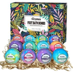 HOSPAN Organic Foot Bath Bombs Gift Set, 12 Essential Oil Rich Foot Soak for Mom and Dad, Handmade Foot Spa Bomb with Wonderful Bubbles, Great for Soothes Sore Tired Feet, Dry Feet Moisturize