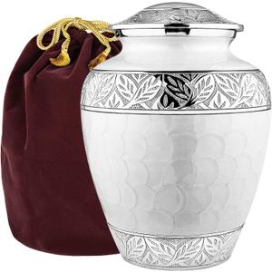 Trupoint Memorials Cremation Urn for Ashes for Women Female, Urns for Human Ashes Male, Engraved Mother of Pearl Funeral Urn for Adult Man, Silver Lining Large White