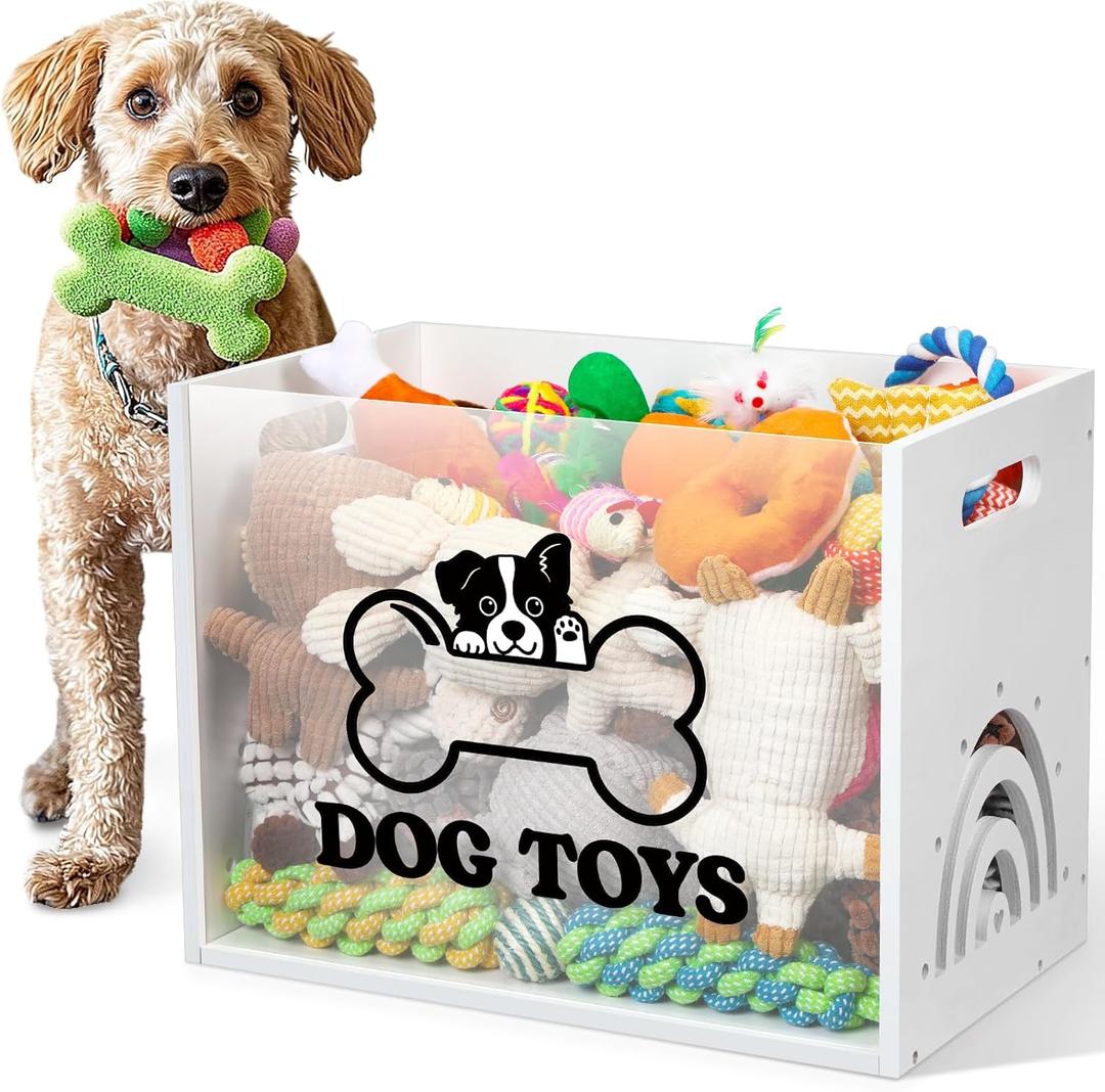 Dog Toy Box Large Wooden Dog Toy Chest with Handle Wooden Storage Bin with Acrylic Board Storage Box for Puppy Toys Pet Food and Accessories Organizer Holder Basket for Living Room Area (White, Dog)