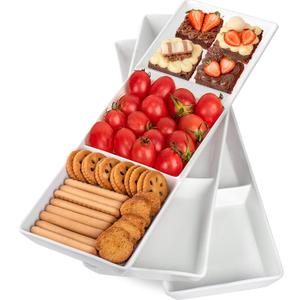 DELLING 16" x 5" Ceramic 3-Section Stackable Serving Tray, Serving Platter Set of 3, 3 Compartment Appetizer Serving Tray, White Divided Serving Dishes, Snack, Food, Dessert Platters