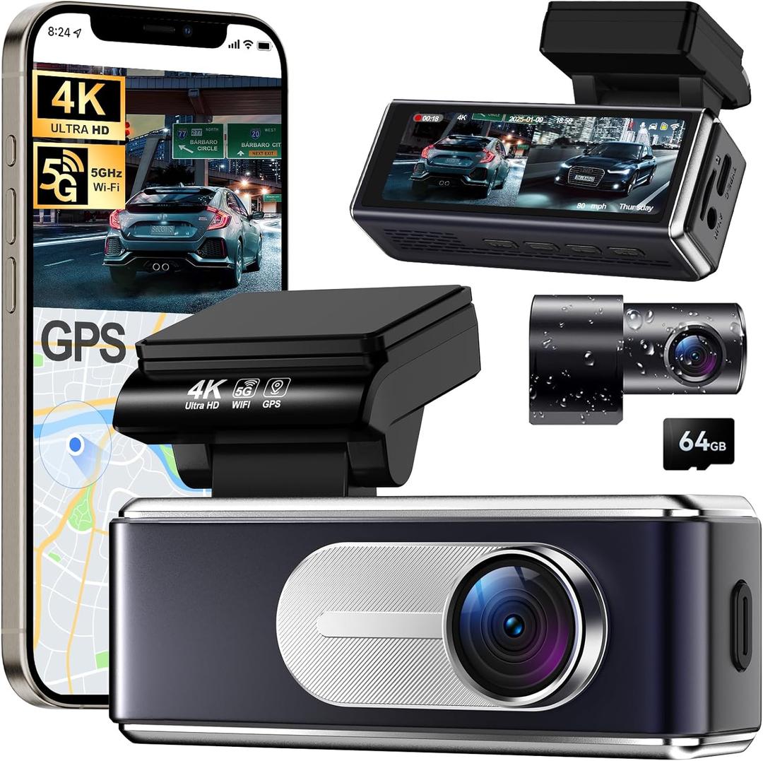Csyibeielec Dash Cam Front and Rear  4K HD Dual Dash Camera for Cars, Builtin 5G WiFi GPS, 64GB Card, Dashcam with 3.2" IPS Screen, UHD Night Vision, HDR, App Control, 24H Parking Monitor