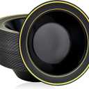 JOLLY PARTY 50PCS Black Plastic Bowls with Gold Rim-12oz, Christmas Thanksgiving Premium Disposable Soup Dessert Salad Bowls for Wedding/Party/Halloween