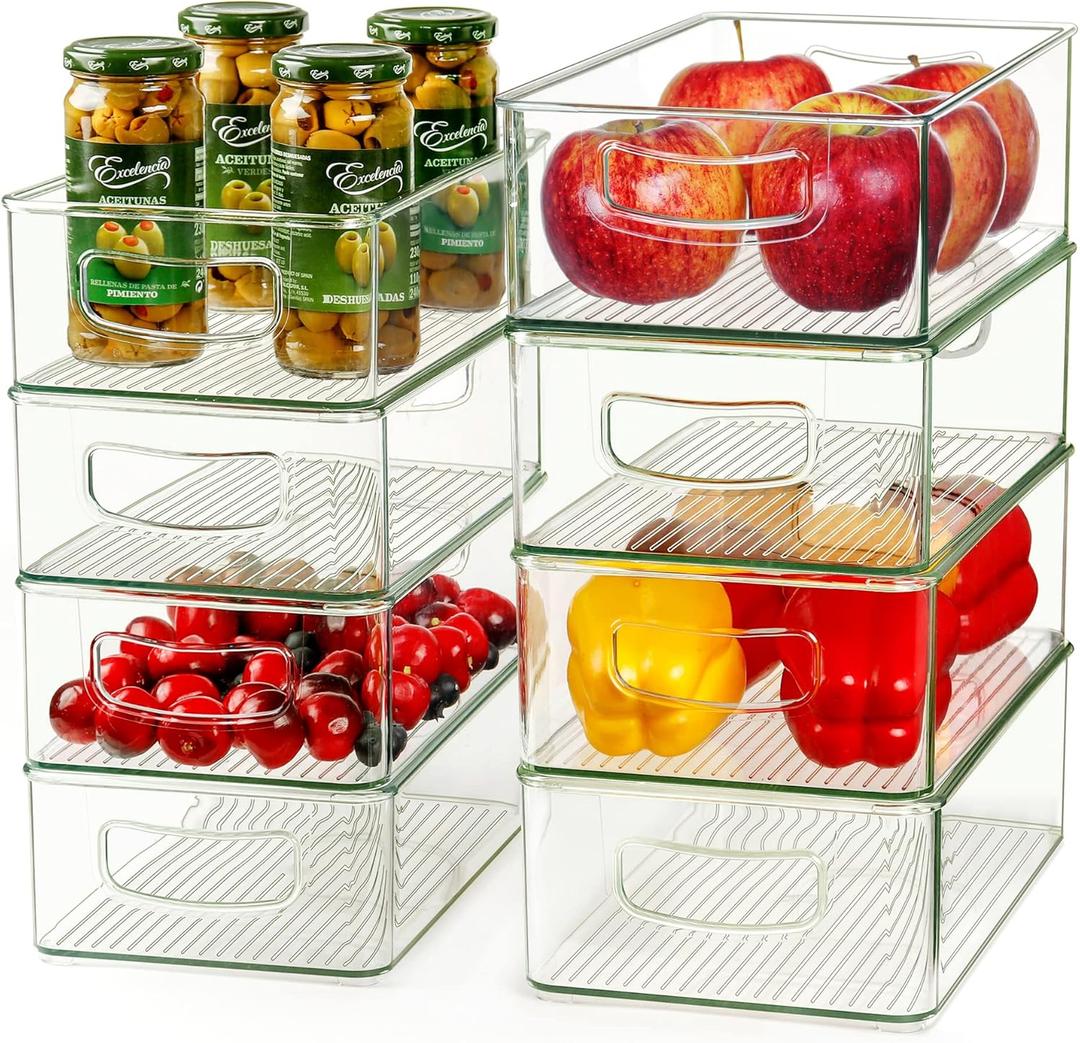 Hudgan 8 PACK Clear Plastic Storage Bins for Organizing, Straight Sides Stackable Organizer Bins for Kitchen & Pantry Organizers and Storage