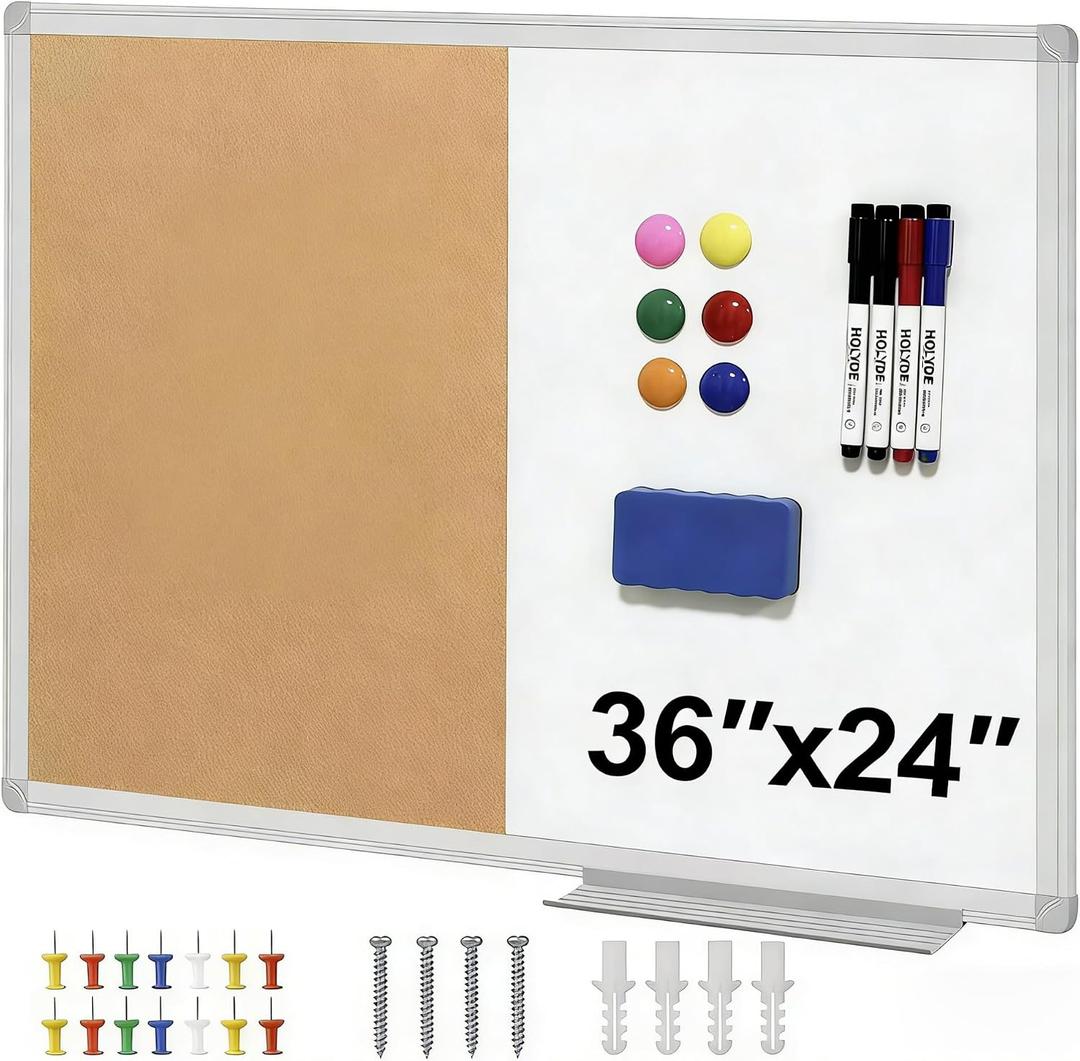 Cork Board White Board Combo, 36" X 24" Magnetic Whiteboard Bulletin Combination Board, Aluminum Frame Vision Board with Dry Erase Markers, Magnets, Eraser and Push Pins for Office, Home & School