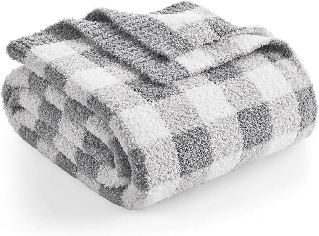 Snuggle Sac Checkered Throw Blanket for Couch, Super Soft, Cozy Warm Knit Decorative Blankets, Reversible Plaid Fluffy Throws for Sofa, Bed, Plaid Grey, 50x60 Inches