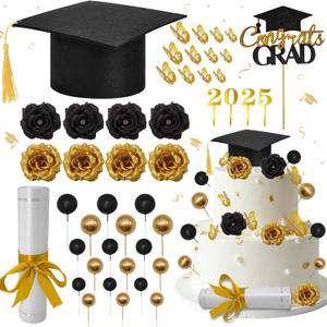 Graduation Cake Kit Included Felt Graduation Cap Diploma Congrats Grad Cupcake Toppers Ball Cake Topper Butterfly Flowers Cake Decorations for Class of 2025 Graduation Party (Black)