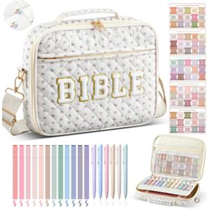 Quilted Bible Cover Case for Women 12 x 9 x 2.5 Inch Chenille Letter Bible Bag with Shoulder Strap Carrying Bags with Tabs 6 Colored Pens 12 Highlighters Christian Church Study Gifts(Bee,Beige)