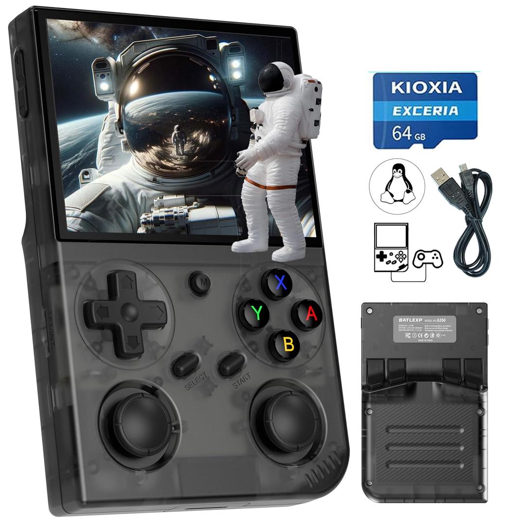 G350 Retro Game Console,Linux System RK3326 G350 Handheld Game Console Built-in 64G TF Card 4371 Games,3.5-inch IPS Screen, WiFi, Bluetooth 4.2, HDMI Output, 3200mAh Battery