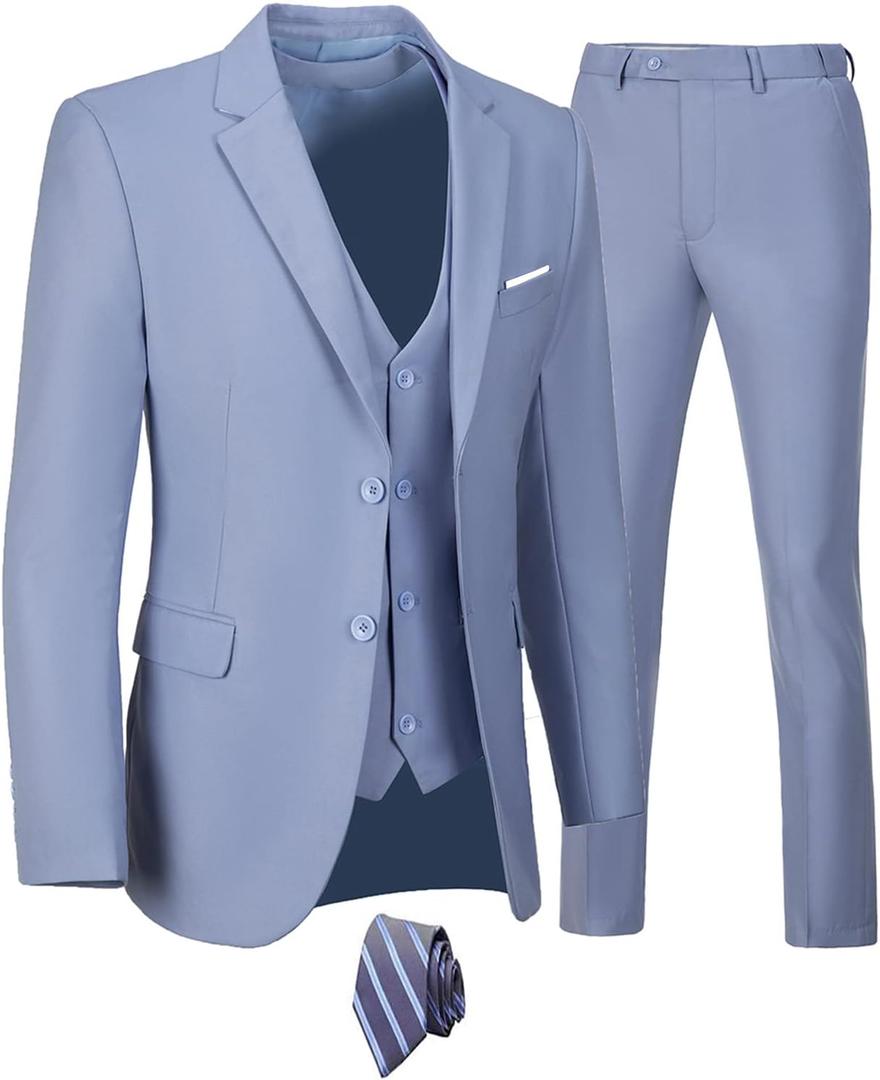 Furuyal Men's Suits 3 Piece Slim Fit Suit Set,Two Button Wedding Business Tuxedo Solid Blazer Jacket Vest Pants with Tie, XXL