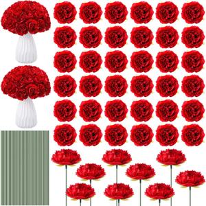 Thiccywoov 200 Pcs Flowers Long Stem Artificial Rose Bulk, 3.2 Inches Silk Rose Head Flowers Faux for Wedding Bridal Bouquet Independence Day Home Floral DIY Centerpieces Party Decoration(Red)