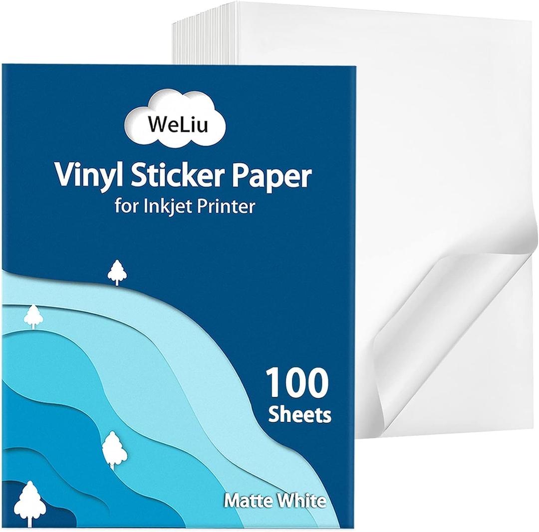 Premium Printable Vinyl Sticker Paper for Inkjet & Laser Printer, 100 Sheets Matte White Waterproof Decal Paper, Dry Quickly and Holds Ink Beautifully